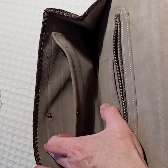 Handcrafted Hand Tooled Leather Clutch Chestnut Brown Tropical Leaf Design - Picture 7 of 13